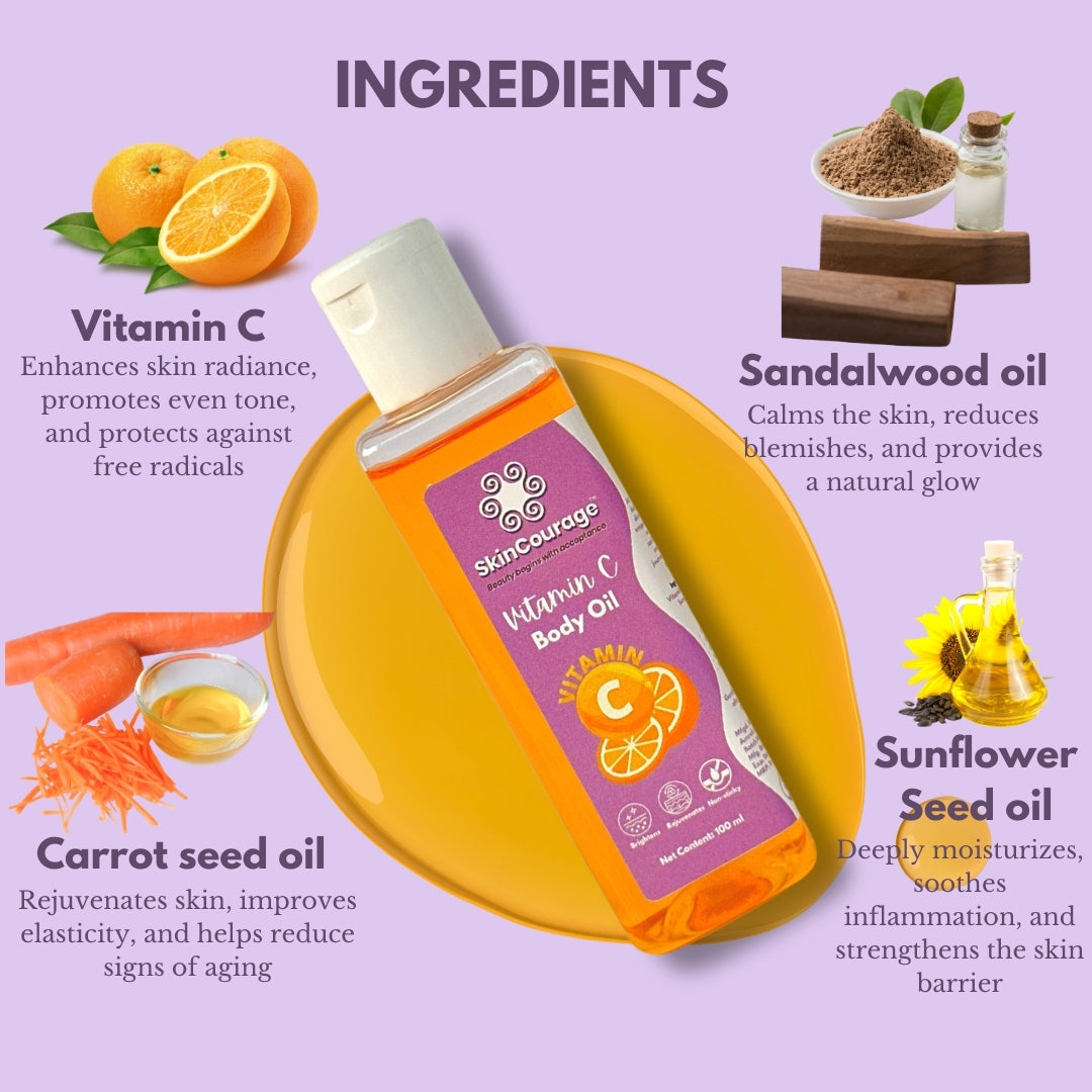 SkinCourage Vitamin C Body Oil | Intense Moisture & Instant Glow | Non Greasy & Lightweight | Refreshing Citrusy Fragrance | Soft & Nourished Skin | For All Skin types - 100ml