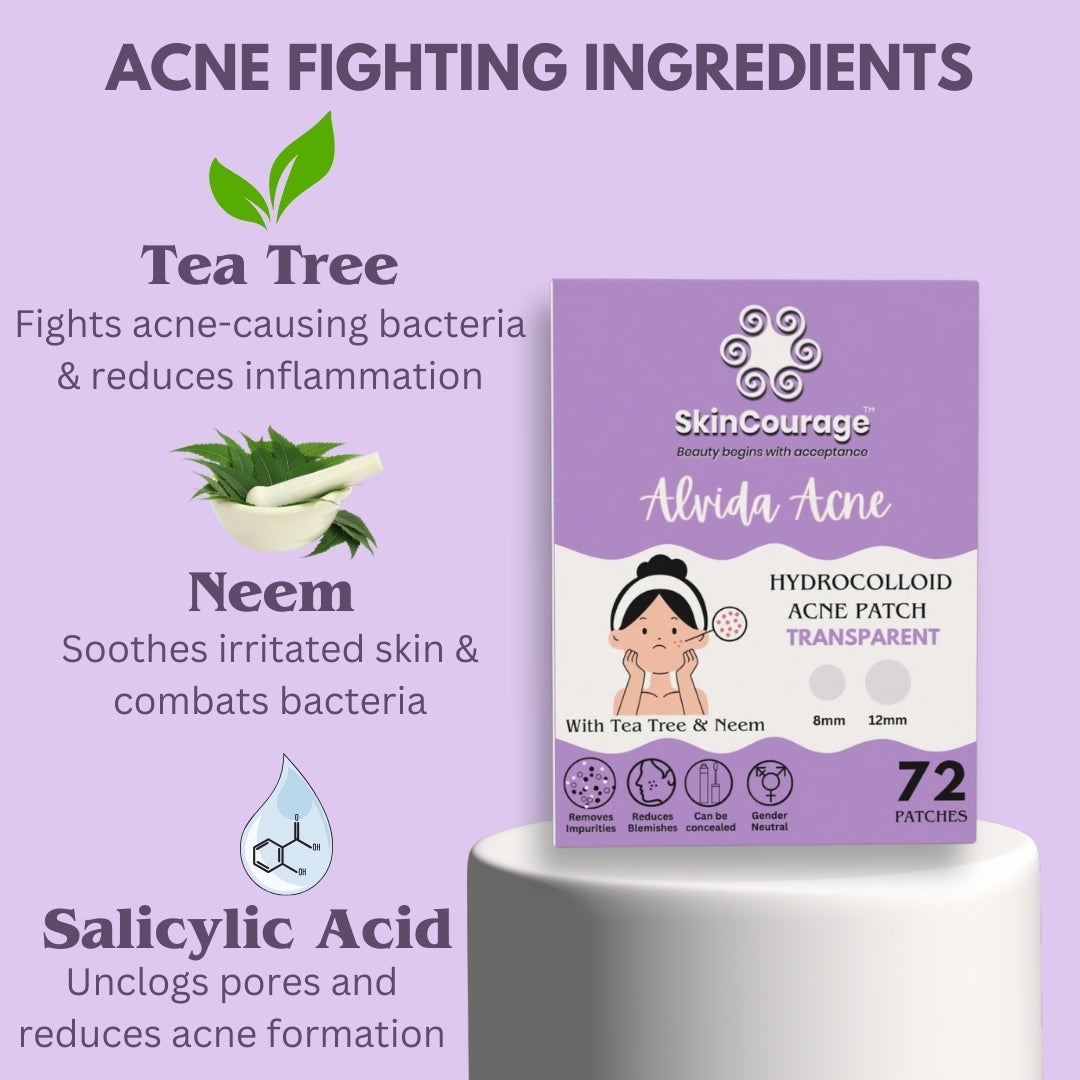 Alvida Acne - Hydrocolloid Acne Pimple Patches with Tea Tree, Neem & Salicylic Acid | 2 Sizes (72 dots)
