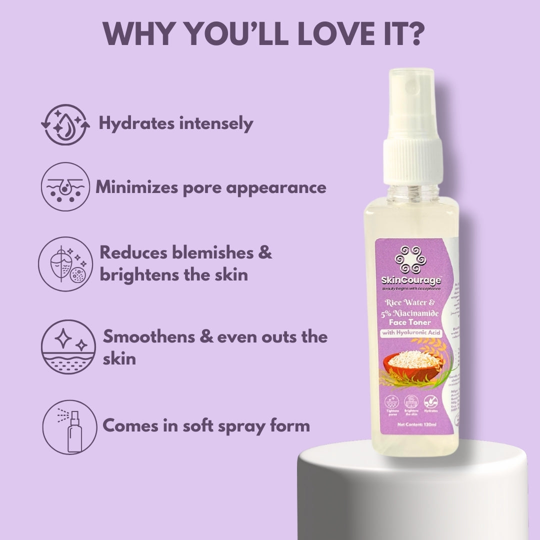 SkinCourage Rice Water & 5% Niacinamide Face Toner | With Rice Ferment Extract | Korean Face Toner Mist For Glass Skin | Hydrating and Pore tightening | For Men and Women | All Skin Types | 120ml