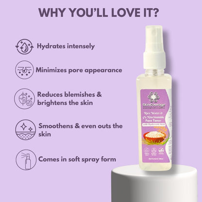 SkinCourage Rice Water & 5% Niacinamide Face Toner | With Rice Ferment Extract | Korean Face Toner Mist For Glass Skin | Hydrating and Pore tightening | For Men and Women | All Skin Types | 120ml